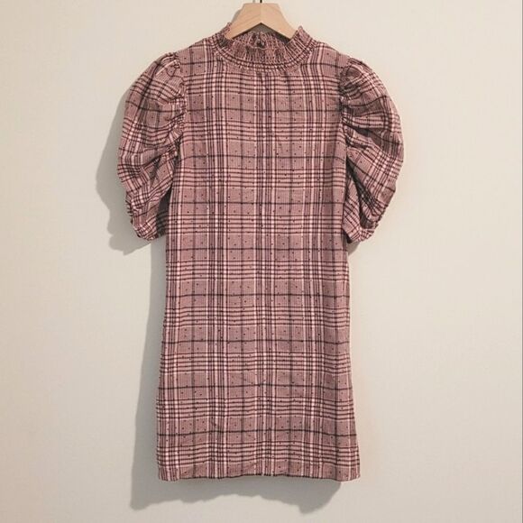 Gianni Bini Dresses & Skirts - GB Gianni Bini Pink Plaid High Neck Puff Sleeve Dress Size Small